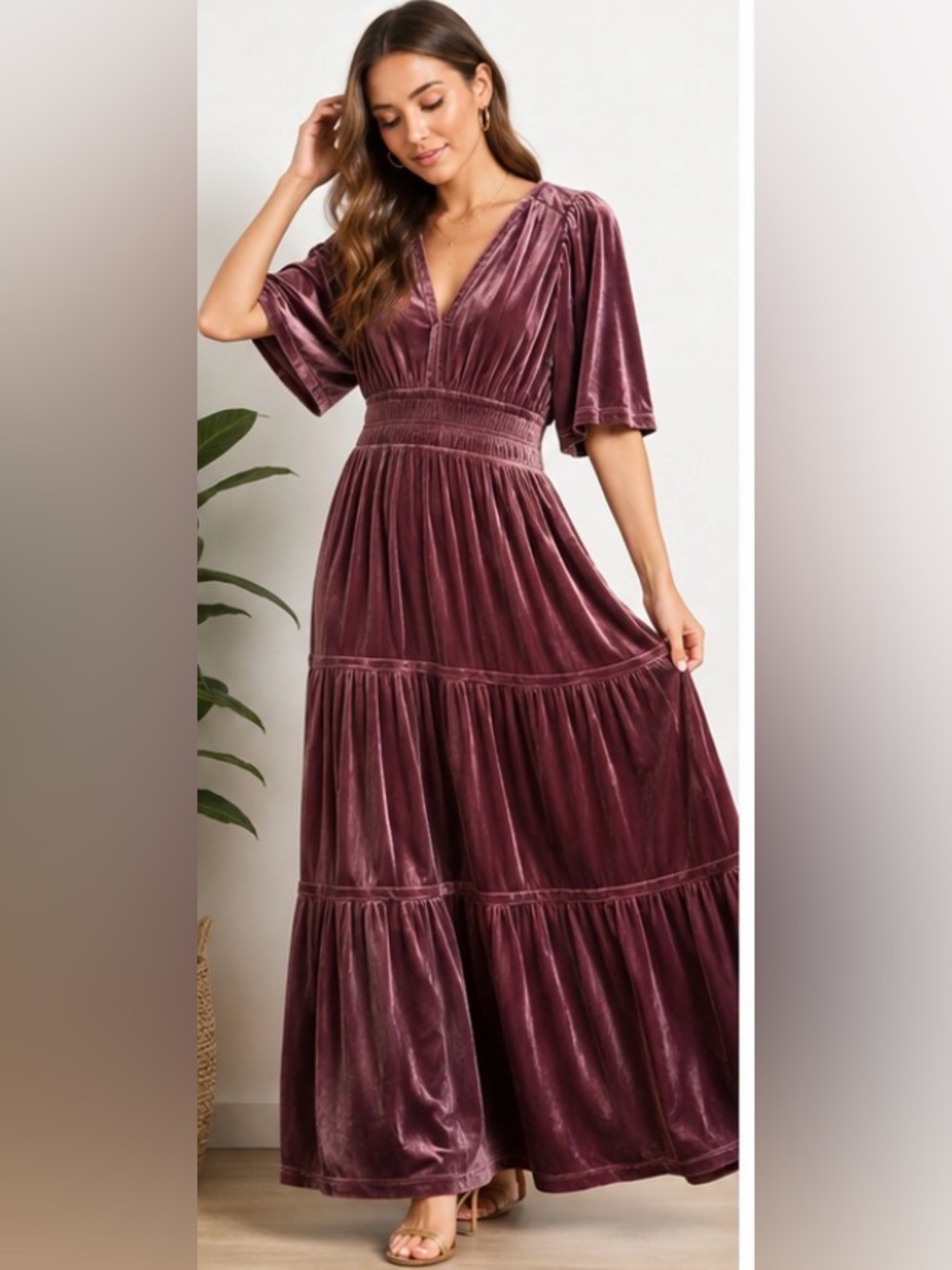 Umgee Mauve Velvet Tiered Maxi Dress Smocked Waist Fall Boho Sample